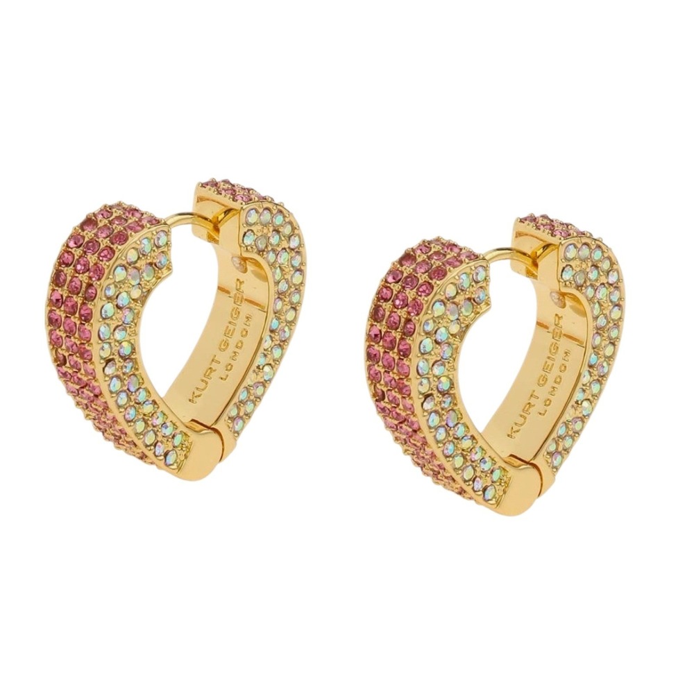 Kurt Geiger‎ London Pave Heart Huggie Earrings Gold Pink Crystal Luxury Glam New